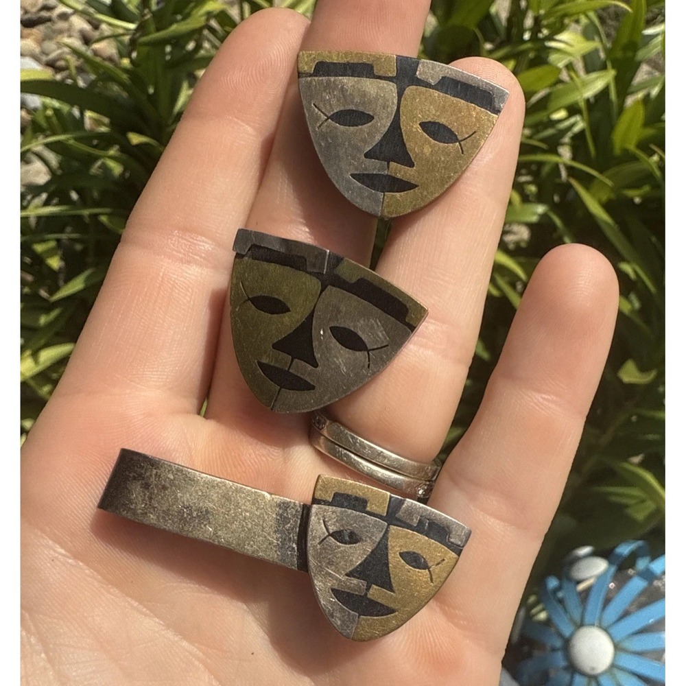 Vintage MCM 1950 Mexican Sterling Mask Face Cool Cuff Links & Tie Clip